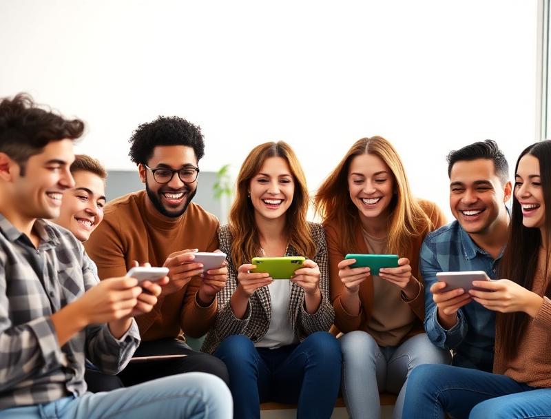 Social Gaming Community - Diverse group of people playing games together on mobile devices and computers, friendly atmosphere, light background